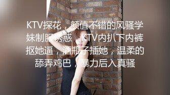 KTV探花，颜值不错的风骚学妹制服诱惑，KTV内扒下内裤抠她逼，酒瓶子插她，温柔的舔弄鸡巴，暴力后入真骚